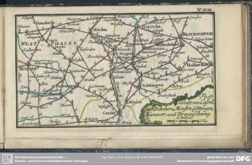 No. XVIII. Post-Route von Cassel, nach Paderborn, Münster, Göttingen, Hanover, und Braunschweig
