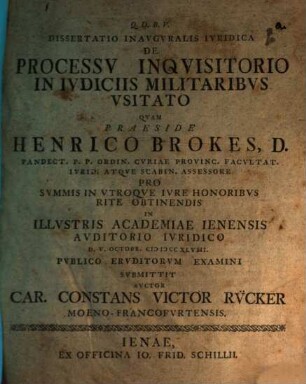 Dissertatio inavgvralis ivridica de processv inqvisitorio in ivdiciis militaribus vsitato