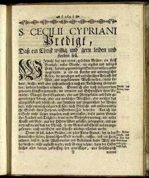 S. Cecilii Cypriani Predigt, daß ein Christ willig und gern leiden und sterben soll.
