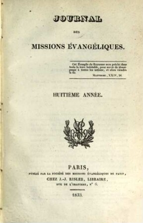 Journal des missions évangéliques. 8. 1833