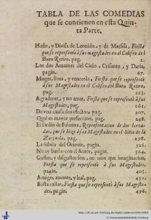 Tabla de las comedias que se contienen en esta quinte parte.