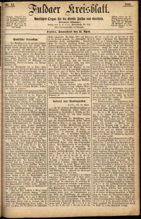 Erste Ausgabe vom Samstag, den 15. April 1882.
