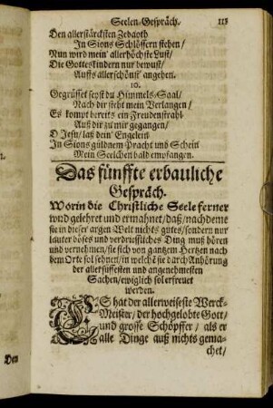 Das fünffte erbauliche Gespräch. Worin die Christliche Seele ferner wird gelehret und ermahnet [...]