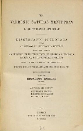 In Varronis saturas Menippeas observationes selectae