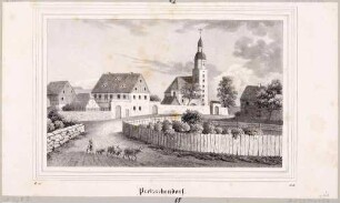 Pfarrhaus, Kirche und deren Umgebung in Pretzschendorf (Klingenberg) östlich von Freiberg, aus Sachsens Kirchen-Galerie von Hermann Schmidt, 1838, Bd. 2