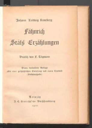 Fähnrich Ståls Erzählungen : mit einer geschichtlichen Einleitung und einem Titelbild