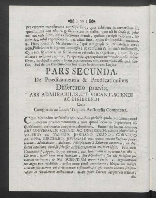 Pars Secunda. De Praedicamentis & Praedicationibus