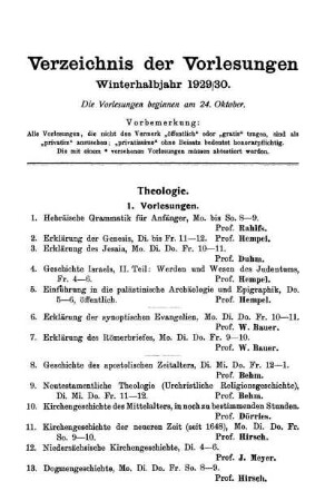 Verzeichnis der Vorlesungen Winterhalbjahr 1929/30.