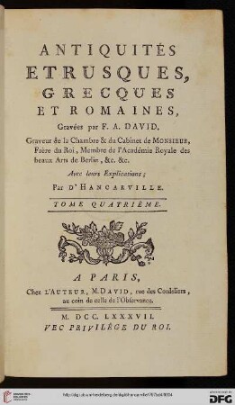 Band 4: Antiquités étrusques, grecques et romaines, Ou les beaux vases étrusques, grecs et romains, et les peinture rendues avec les couleurs qui leur sont propres