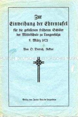 Gedenkschrift zur Einweihung einer Ehrentafel für Gefallene des 1. WK an einer Schule