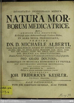 Dissertatio Inauguralis Medica, De Natura Morborum Medicatrice