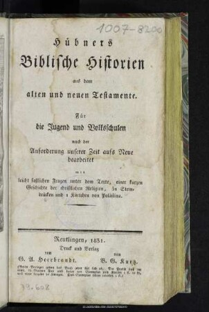 Hübners Biblische Historien aus dem alten und neuen Testamente