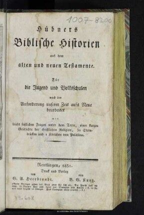 Hübners Biblische Historien aus dem alten und neuen Testamente