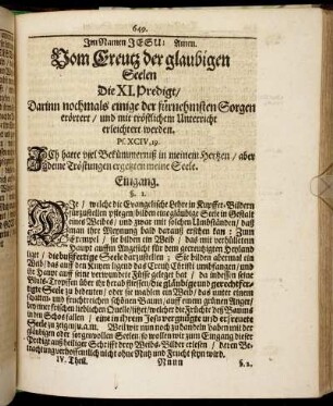 Die XI. Predigt/ Darinn nochmals einige der fürnehmsten Sorgen erörtert/ und mit tröstlichen Unterricht erleichtert werden.