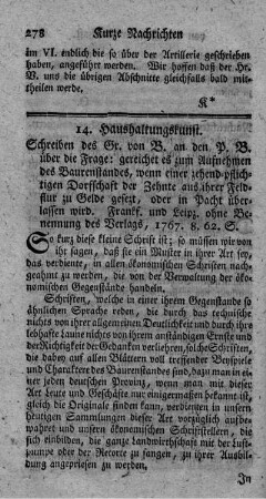 Schreiben des Gr. von B. an den P.B. über die Frage: gereichet es zum Aufnehmen des Baurenstandes, wenn einer zehend-pflichtigen Dorfschaft der Zehnte aus ihrer Feldflur zu Gelde gesezt oder in Pacht überlassen wird?