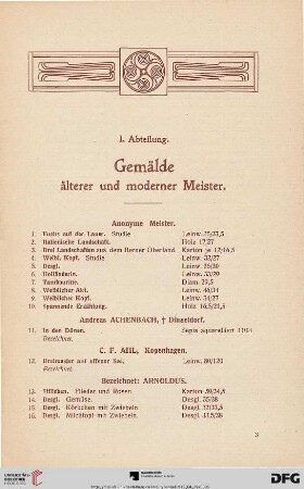 I. Abteilung. Gemälde älterer und moderner Meister (Nr. 1-115)