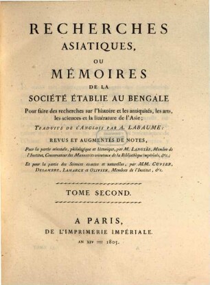 Recherches asiatiques, ou mémoires de la Société Établie au Bengale : pour faire des recherches sur l'histoire et les antiquités, les arts, les sciences et la littérature de l'Asie, 2