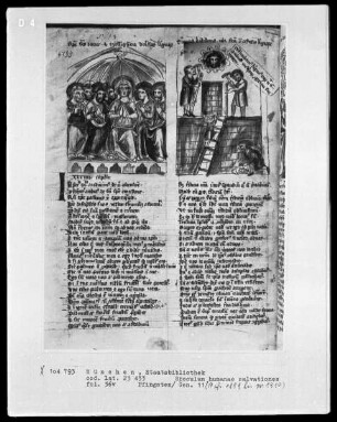 Speculum humanae salvationes — Textseite mit zwei Miniaturen, Folio 36verso