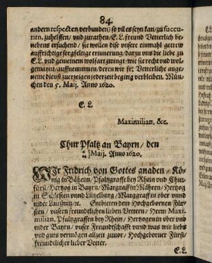 84-85, Chur Pfaltz an Bayrn den 4. Maij, 14. Maij Anno 1620
