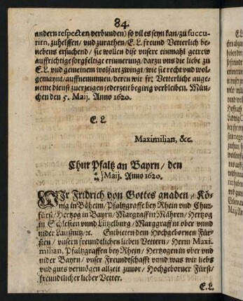 84-85, Chur Pfaltz an Bayrn den 4. Maij, 14. Maij Anno 1620
