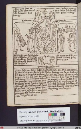 Drei biblische Szenen umgeben von vier Propheten. Mittig: Der Einzug Christi in Jerusalem. Links: Davids Rückkehr mit dem Kopf des Goliath. Rechts: Prophetenjünger begrüßen Elisa.