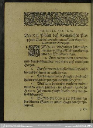 Christo Sacrum. Der XII. Psalm deß Königlichen Propheten Davids, vorzusingen auf acht Seyten