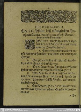Christo Sacrum. Der XII. Psalm deß Königlichen Propheten Davids, vorzusingen auf acht Seyten