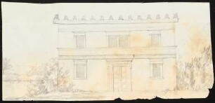 Kleine Villa an einem See: Vorderansicht Türseite, mit Stirnziegeln in Landschaft