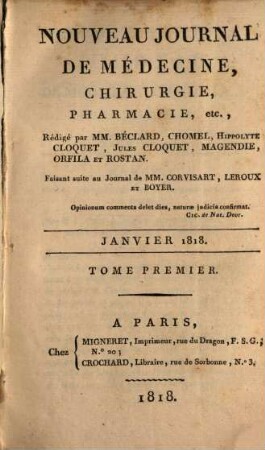 Nouveau journal de médecine, chirurgie, pharmacie. 1, 1. 1818