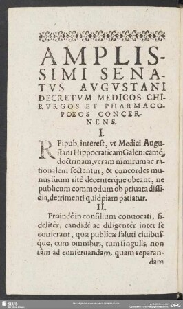 Amplissimi Senatus Augustani Decretum Medicos Chirurgos Et Pharmacopoeos Concernens