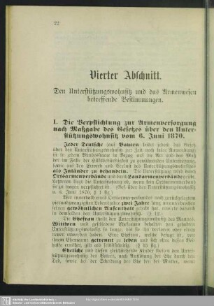 Vierter Abschnitt. Den Unterstützungswohnsitz und das Armenwesen betreffende Bestimmungen.