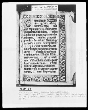 Psalter der Mechthild von Anhalt — Initiale D (eus iudicium) mit Dreiviertelbordüre, Folio 81recto
