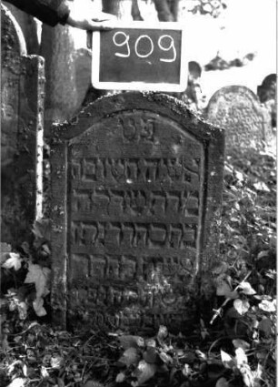 Grabstein 909 (Index: 100103773) Material: Sandstein Zustand: unten angewittert und / oder stark bewachsen, sonst gut erhalten Maße HxBxT: 71x48x9 cm Beschreibung: Stele, Konvexbogenabschluss, Schriftfeld durch umlaufende Rille abgeteilt: Grabstein 909