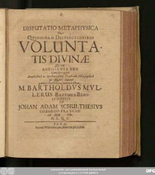 Disputatio Metaphysica De Quibusdam Distinctionibus Voluntatis Divinae