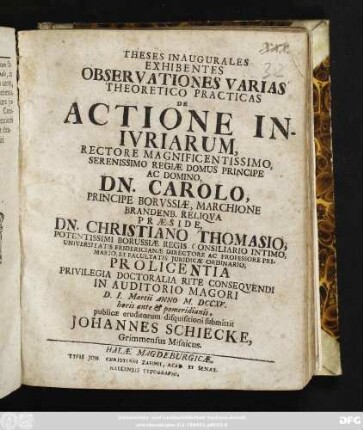 Theses Inaugurales Exhibentes Observationes Varias Theoretico Practicas De Actione Inivriarum