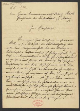 Brief an Franz Schott und Mainzer Liedertafel : 1864