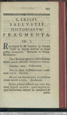 C. Crispi Sallustii Historiarum Fragmenta