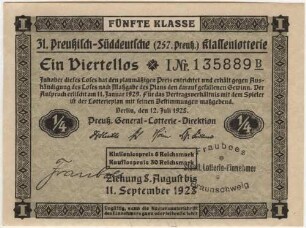 6 Reichsmark / 30 Reichsmark - ¼ Los, 5. Klasse