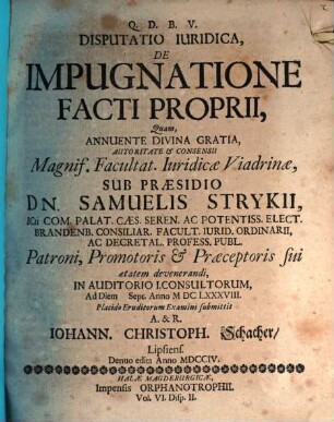 Disputatio Iuridica, De Impugnatione Facti Proprii