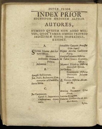 Index Prior Secundum Ordinem Alphab. Autores, [...]