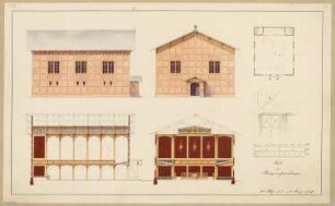 Saal für Bürgerversammlungen Monatskonkurrenz Dezember 1848: Grundriss Erdgeschoss, Aufriss Vorderansicht, Seitenansicht, Längsschnitt und Querschnitt mit Wanddekoration, Detail Wanddekoration; 3 Maßstabsleisten