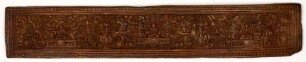 Tibetischer Buchdeckel, vergoldet, mit einem vierarmigen Bodhisattva im Zentrum, flankiert von mehreren Buddhas und Bodhisattvas