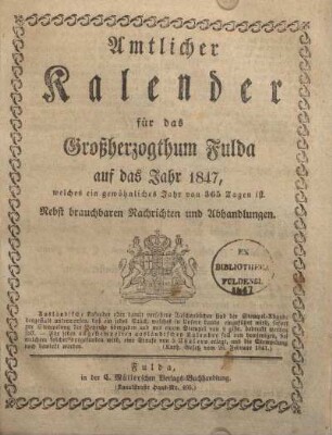 1847: Amtlicher Kalender für das Großherzogthum Fulda
