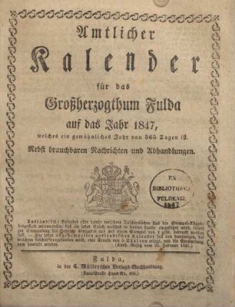 1847: Amtlicher Kalender für das Großherzogthum Fulda