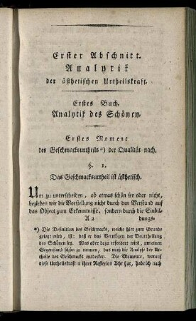 Erster Abschnitt. Analytik der ästhetischen Urtheilskraft.