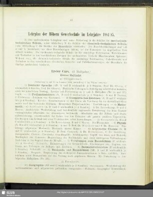 Lehrplan der Höhern Gewerbschule im Lehrjahre 1884/85