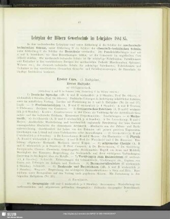 Lehrplan der Höhern Gewerbschule im Lehrjahre 1884/85