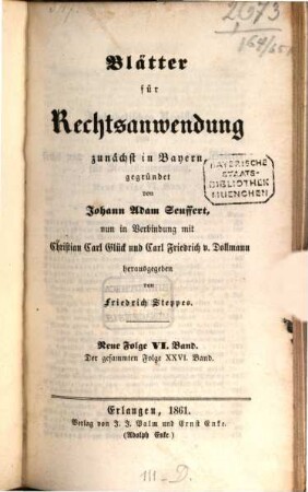 Dr. J. A. Seuffert's Blätter für Rechtsanwendung. 26. 1861