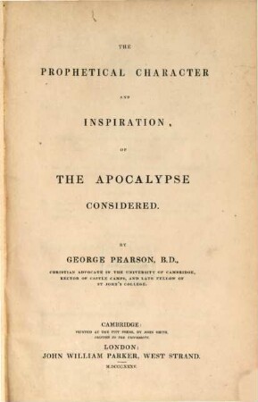 The prophetical character and inspiration of the apocalypse considered