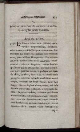V. Morbus ex arthritide anomala in cachexiam hydropicam transiens.